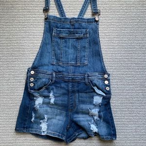 distressed denim short overalls